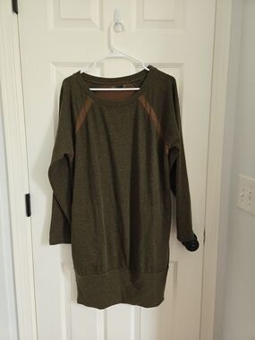 Prana Olive Green Relaxed Fit Crewneck Sweater Dress with Pockets, Cozy, Autumn